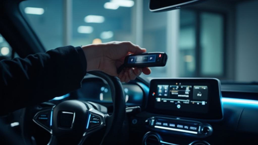 A technician demonstrating car smart key services by programming a digital key fob for a vehicle.