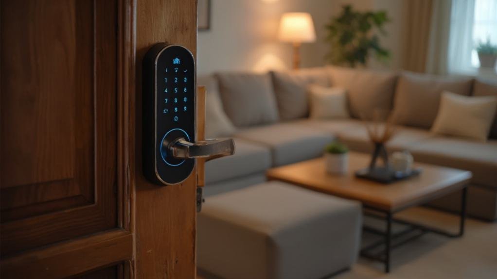 A technician performing smart lock installation on a front door, demonstrating the secure and convenient features of modern smart locking systems.