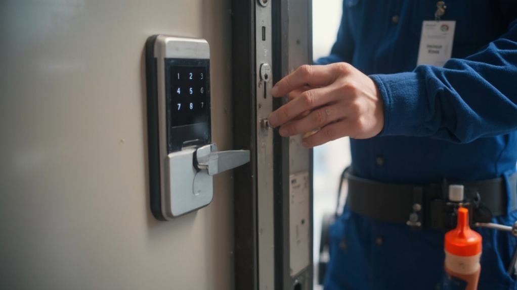 Technician demonstrating how to install smart lock on a front door