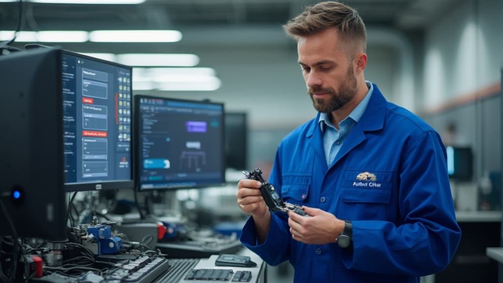 A technician using a specialized device to program a transponder key for a vehicle showcasing the service of transponder key programming.