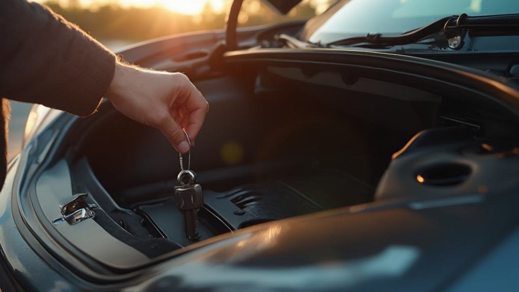 A professional locksmith assisting a car owner who is experiencing a trunk lockout, using specialized tools to unlock the vehicle's trunk safely and efficiently.