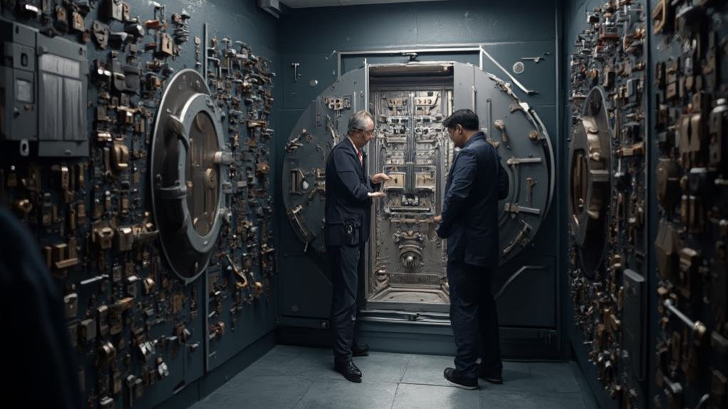 A technician conducting vault installation, carefully positioning the secure vault within a designated space, showcasing tools and equipment used for installation and maintenance.