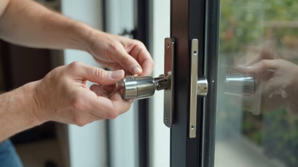 A technician demonstrating the repair window lock service by installing a new lock on a residential window.